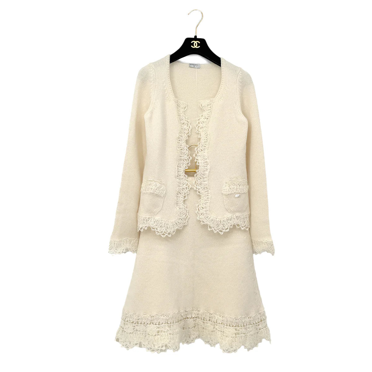 CHANEL KNITTING LACE CARDIGAN SKIRT SET IVORY CASHMERE 36 06C RTW