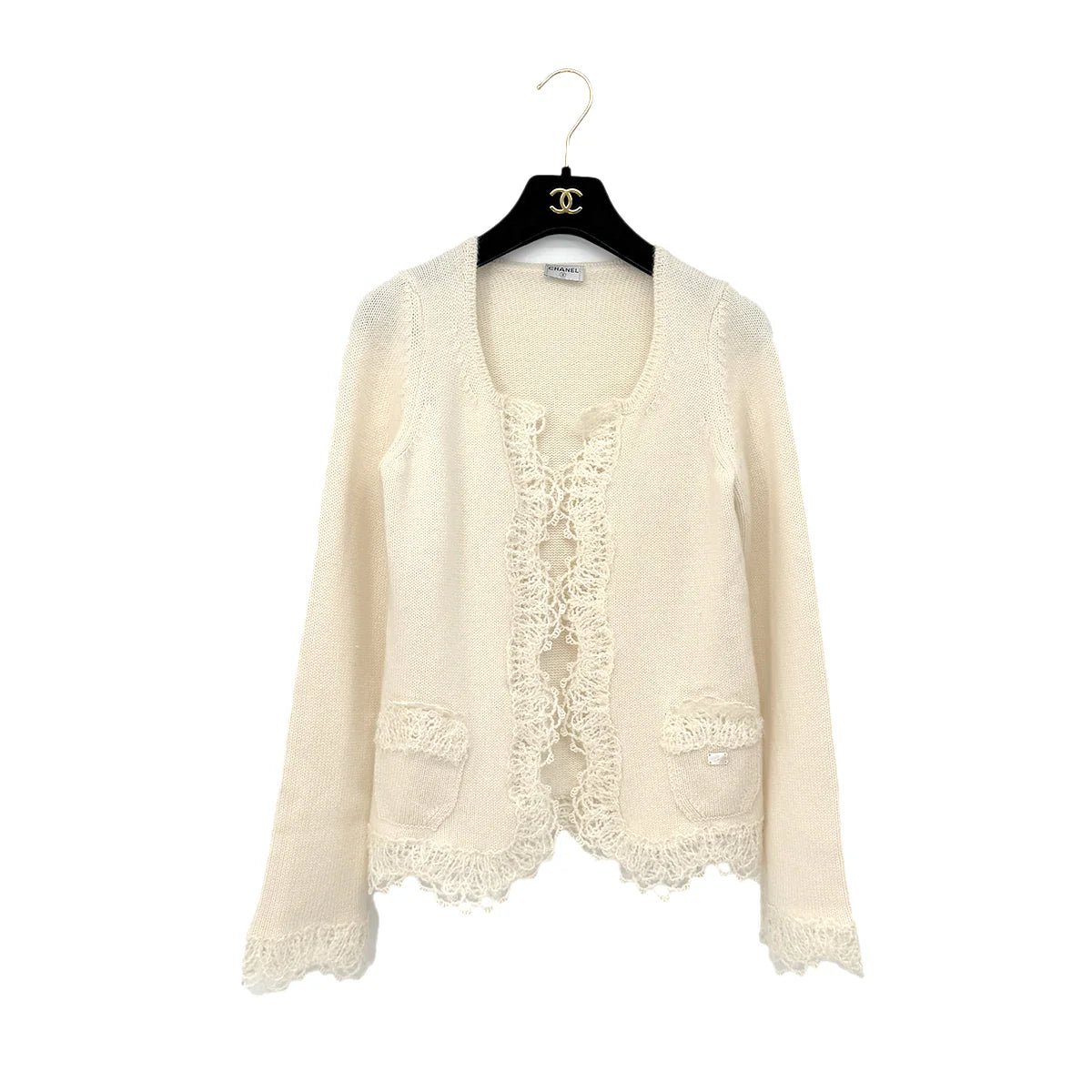 CHANEL KNITTING LACE CARDIGAN SKIRT SET IVORY CASHMERE 36 06C RTW