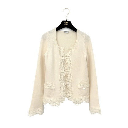 CHANEL KNITTING LACE CARDIGAN SKIRT SET IVORY CASHMERE 36 06C RTW